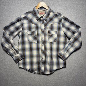 Wrangler Mens Western Pearl Snap Shirt Plaid Blue Brown Long Sleeve Cowboy L